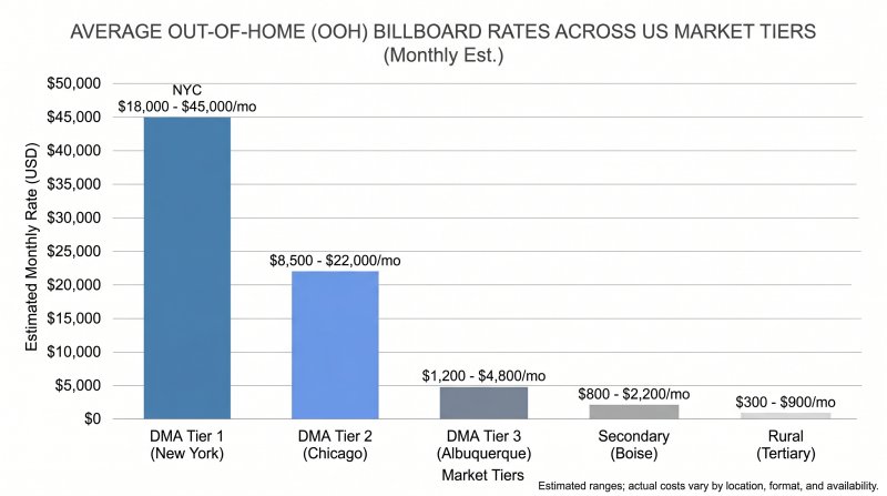 Bar chart showing average monthly billboard rates across five US market tiers: DMA Tier 1 markets ranging from $18,000 to $45,000 per month, DMA Tier 2 from $8,500 to $22,000, DMA Tier 3 from $1,200 to $4,800, secondary markets from $800 to $2,200, and rural tertiary markets from $300 to $900