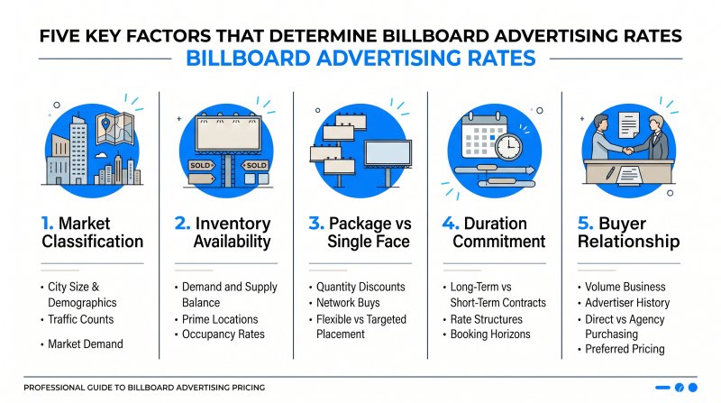 Five key factors that determine billboard advertising rates displayed as a numbered infographic: market classification, inventory availability, package versus single face purchase, duration commitment, and buyer relationship quality