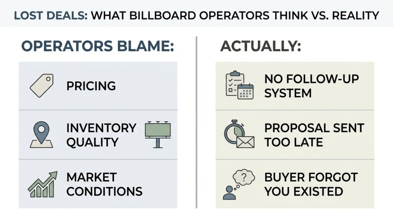 Side-by-side comparison showing what operators think loses deals versus what actually loses deals in billboard sales