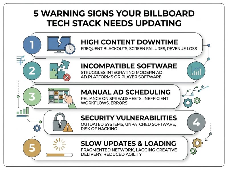 Five warning signs that indicate a billboard operator's tech stack needs modernization: manual inventory tracking via spreadsheet, inability to respond to programmatic requests in under 60 seconds, booking conflicts from duplicate entries, lack of API connectivity to DSPs, and reliance on phone or email for order confirmation