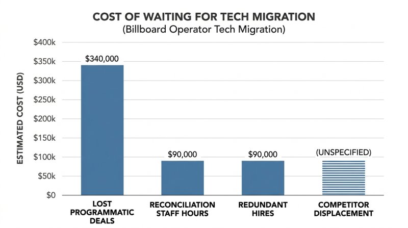 Bar chart showing annual costs of an outdated billboard tech stack: 340000 dollars in lost programmatic deals, 90000 dollars in redundant staff hours, 90000 dollars in unnecessary hires, plus competitor displacement costs