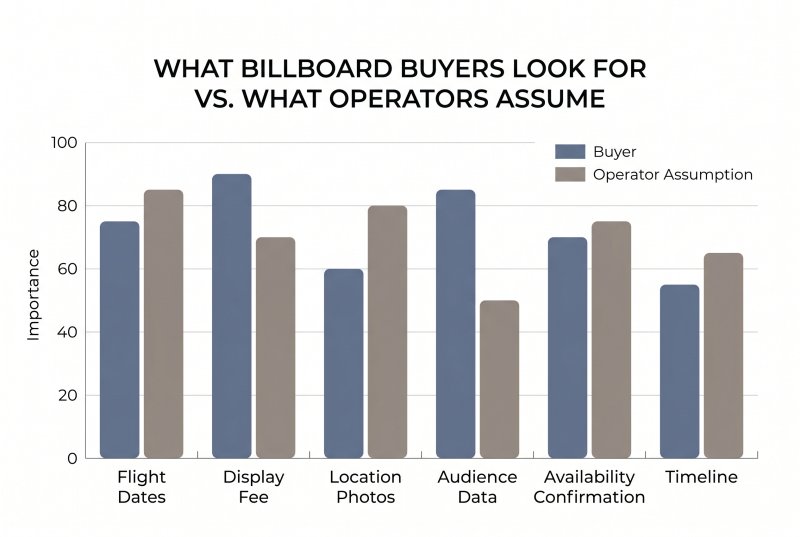 Bar chart comparing what billboard buyers look for first — flight dates, display fee, and location photos — versus what operators spend the most time preparing