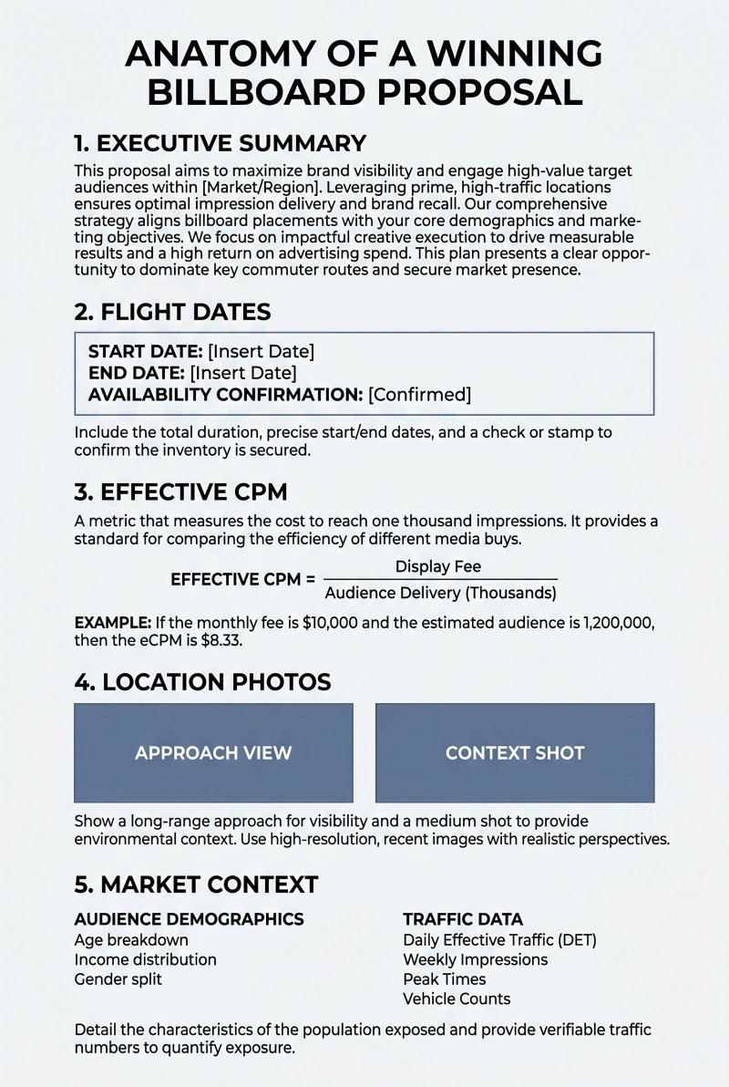 Five-section anatomy of a winning billboard proposal: executive summary, flight dates box, effective CPM, location photos, and market context