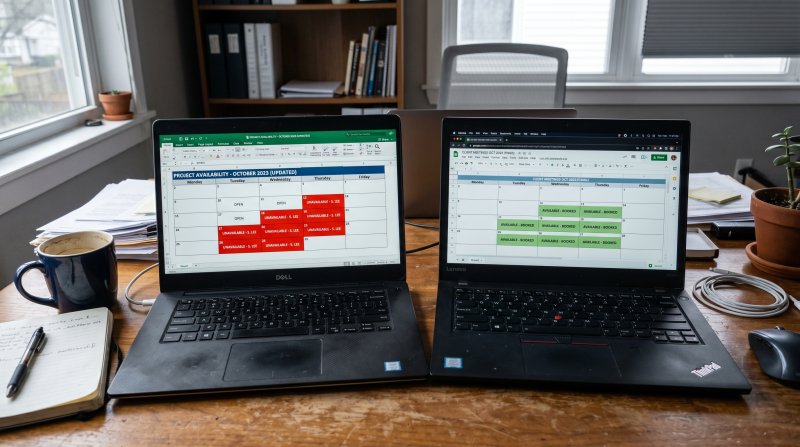 Two conflicting spreadsheet views showing the same inventory dates marked as unavailable on one sheet and available on another, illustrating the double-booking problem